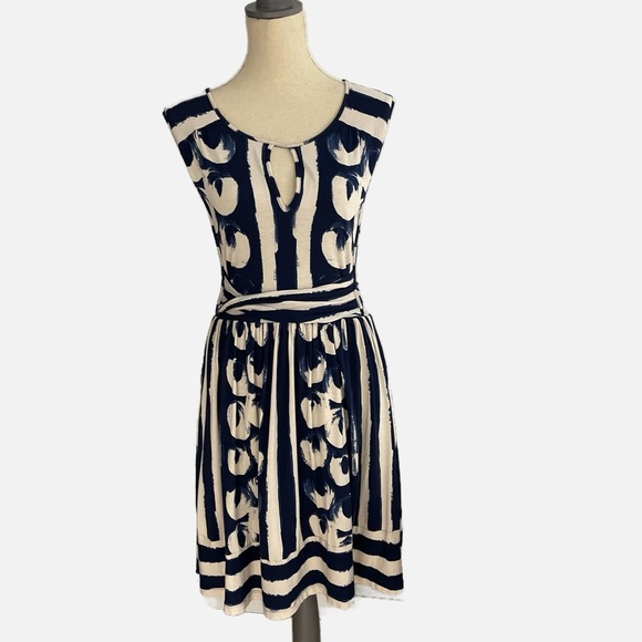 Anthropologie Maeve Sennebec Fit and Flare Dress Medium Navy Cream Print - Picture 7 of 12